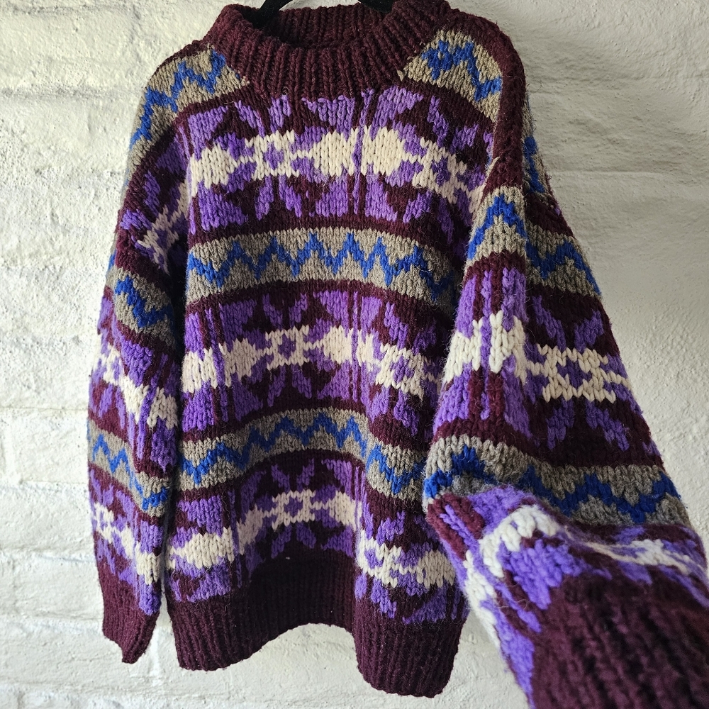 VTG 90'S Chunky Handknit 100% Virgin Wool Oversized Crewneck Fair Isle Sz M
